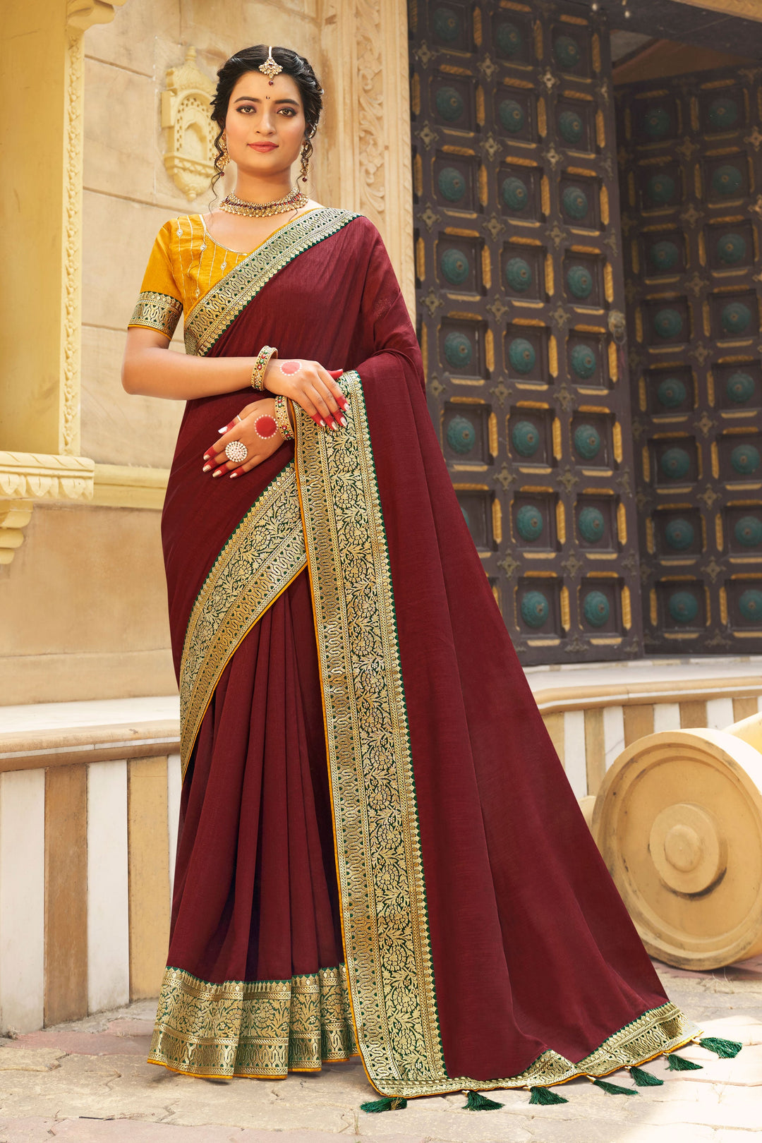 Maroon Color Banglori Silk Fabric Engaging Saree With Border Work