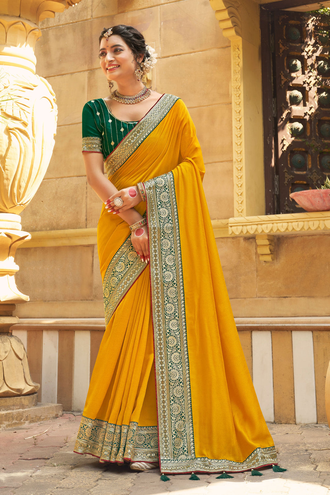 Beguiling Border Work On Yellow Color Banglori Silk Fabric Saree | Buy Online India