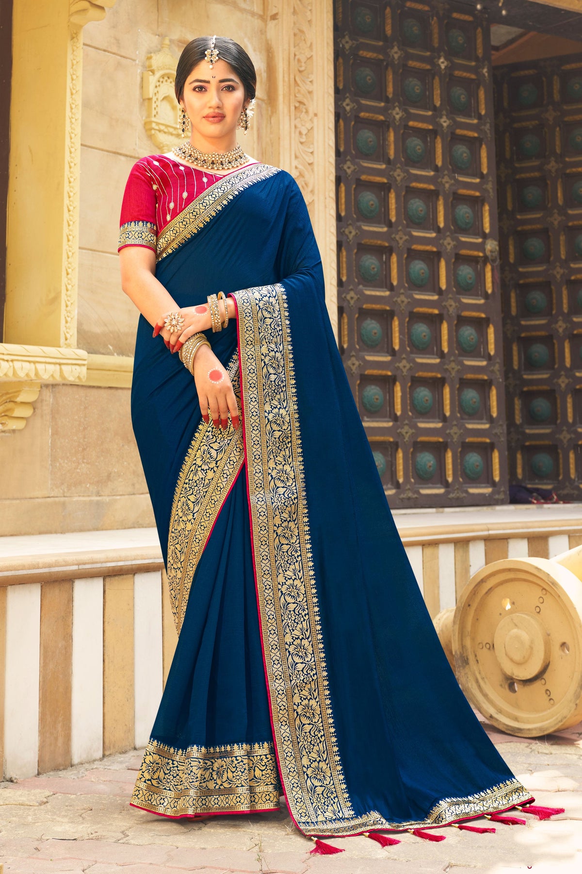 Incredible Border Work On Banglori Silk Fabric Blue Color Saree