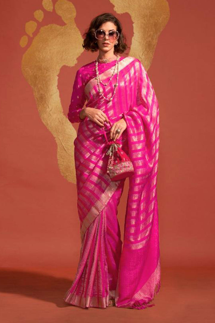 Phenomenal Viscose Handloom Weaving Silk Pink Color Saree