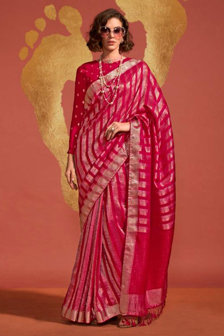 Glamorous Pink Color Viscose Handloom Weaving Silk Saree