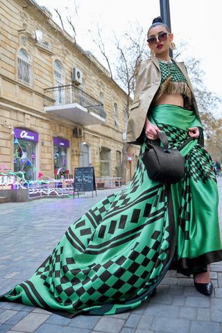 Alluring Green Color Printed Work Satin Crepe Silk Saree