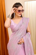 Load image into Gallery viewer, Trendy Georgette Fabric Pink Color Sequins Work Saree
