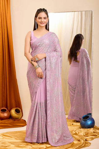 Trendy Georgette Fabric Pink Color Sequins Work Saree