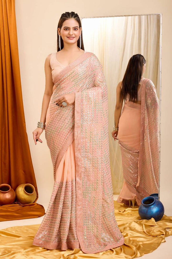 Peach Color Exquisite Sequins Work Saree In Georgette Fabric | Buy Online India