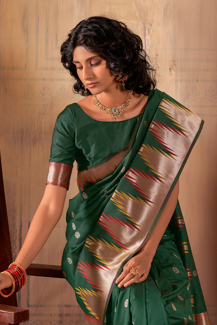 Festival Wear Banarasi Silk Fabric Green Color Trendy Saree