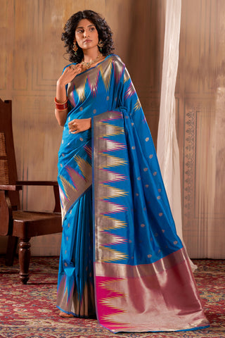 Blue Color Banarasi Silk Fabric Festival Wear Luminous Saree