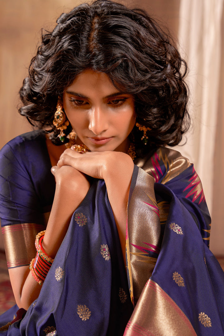 Banarasi Silk Fabric Festival Wear Mesmeric Saree In Navy Blue Color