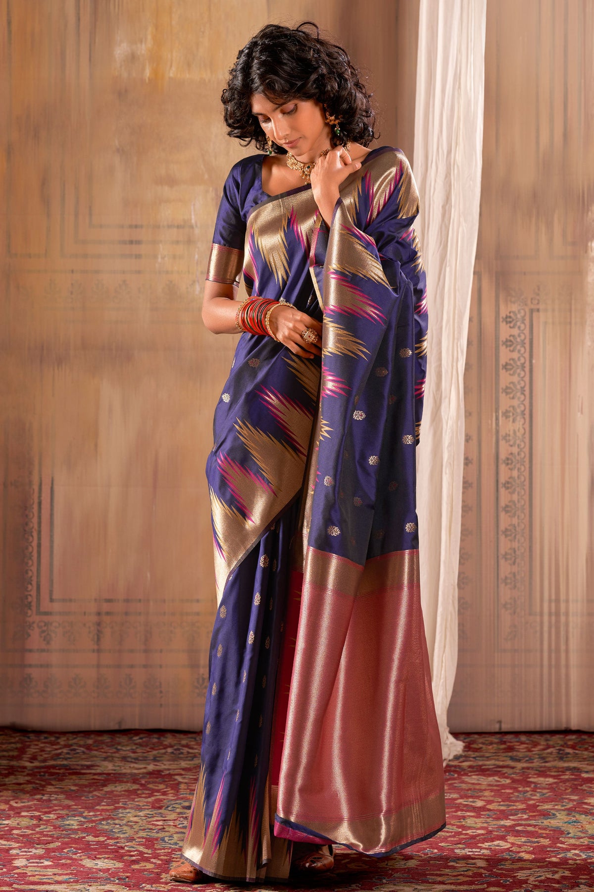 Banarasi Silk Fabric Festival Wear Mesmeric Saree In Navy Blue Color