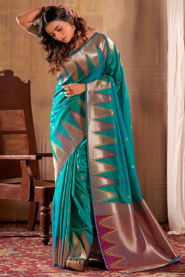 Banarasi Silk Fabric Festival Wear Wondrous Saree In Sea Green Color