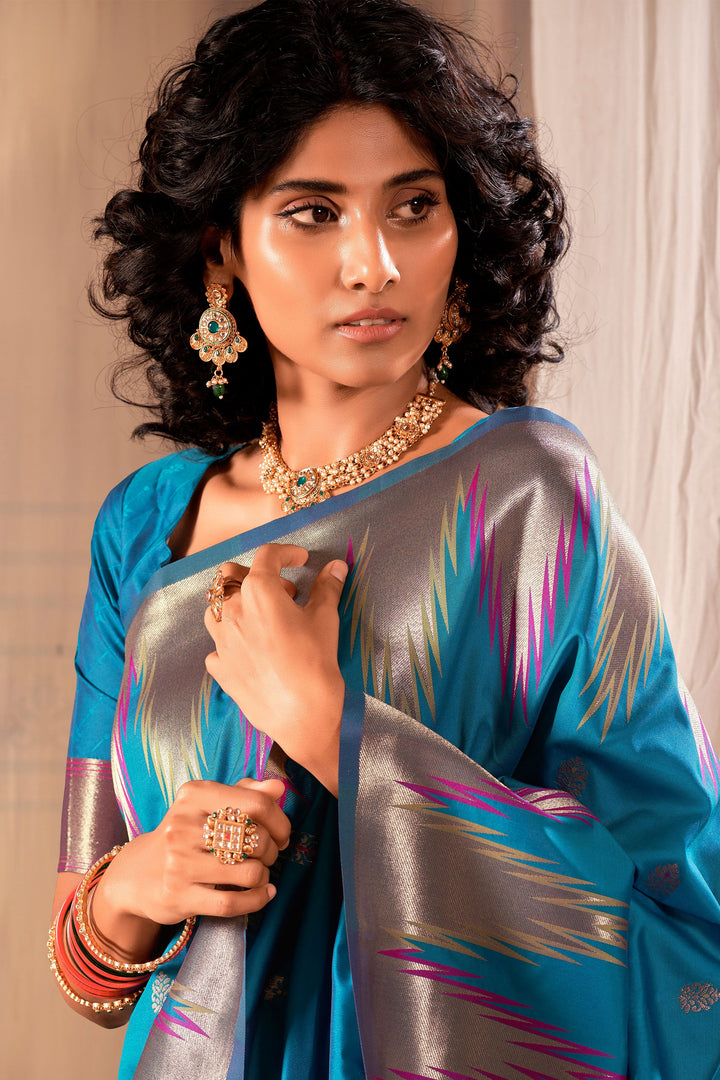 Banarasi Silk Fabric Festival Wear Vintage Saree In Teal Color
