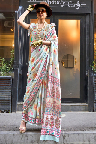 Art Silk Fabric Light Cyan Color Riveting Saree With Printed Work