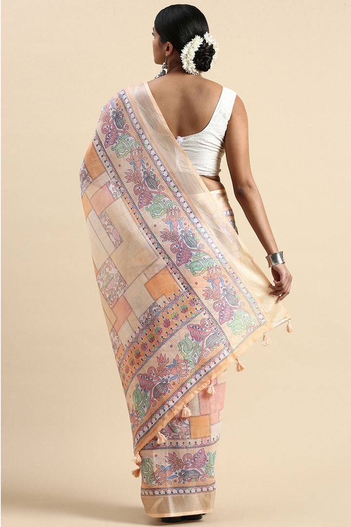 Multi Color Casual Wear Brilliant Printed Linen Saree | Buy Online India