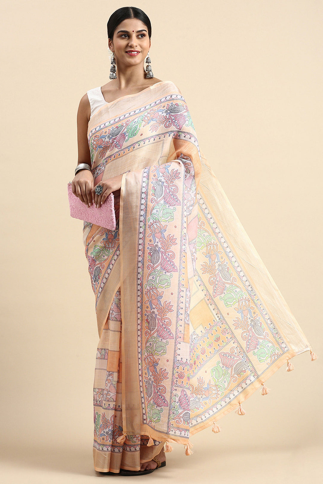 Multi Color Casual Wear Brilliant Printed Linen Saree | Buy Online India