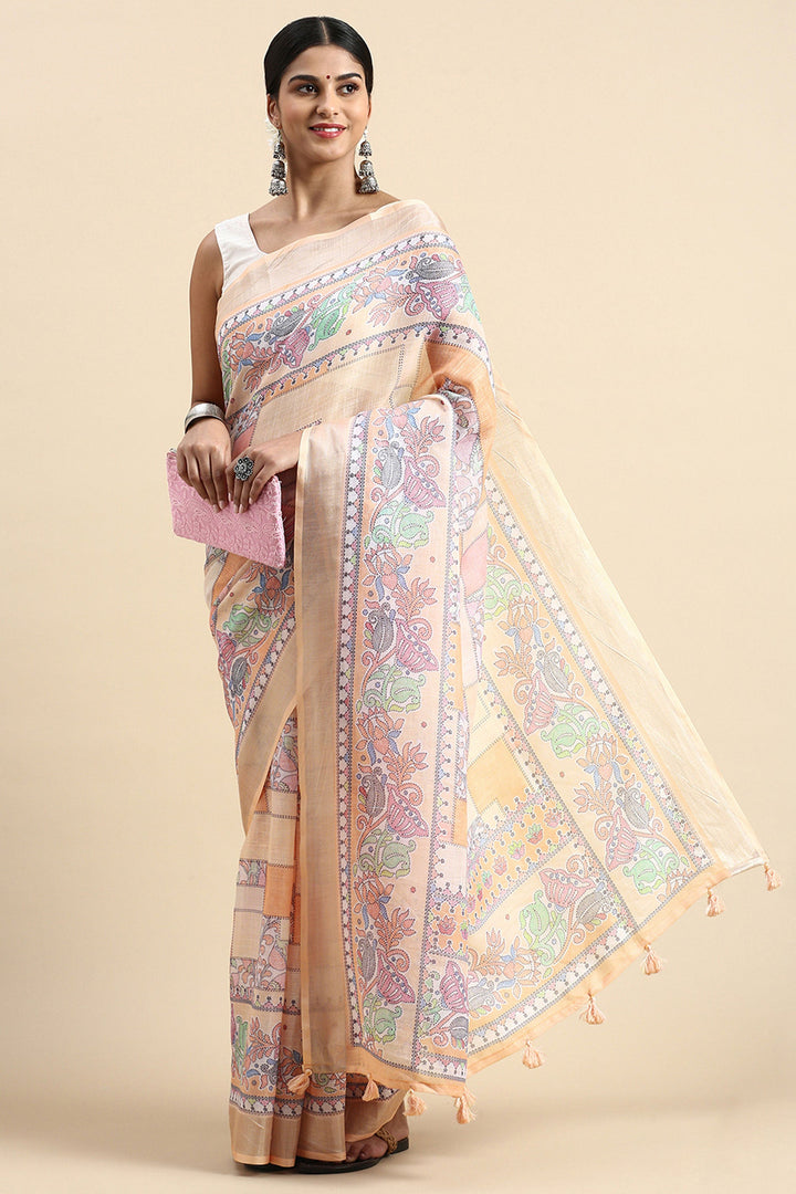 Multi Color Casual Wear Brilliant Printed Linen Saree | Buy Online India