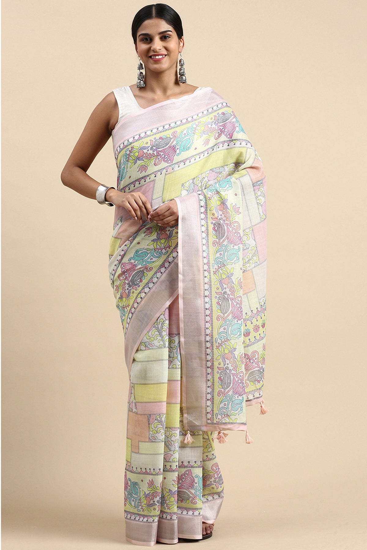 Casual Wear Imposing Printed Linen Saree In Multi Color