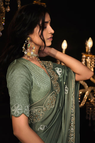 Creative Embroidered Work On Olive Color Tissue Fabric Saree