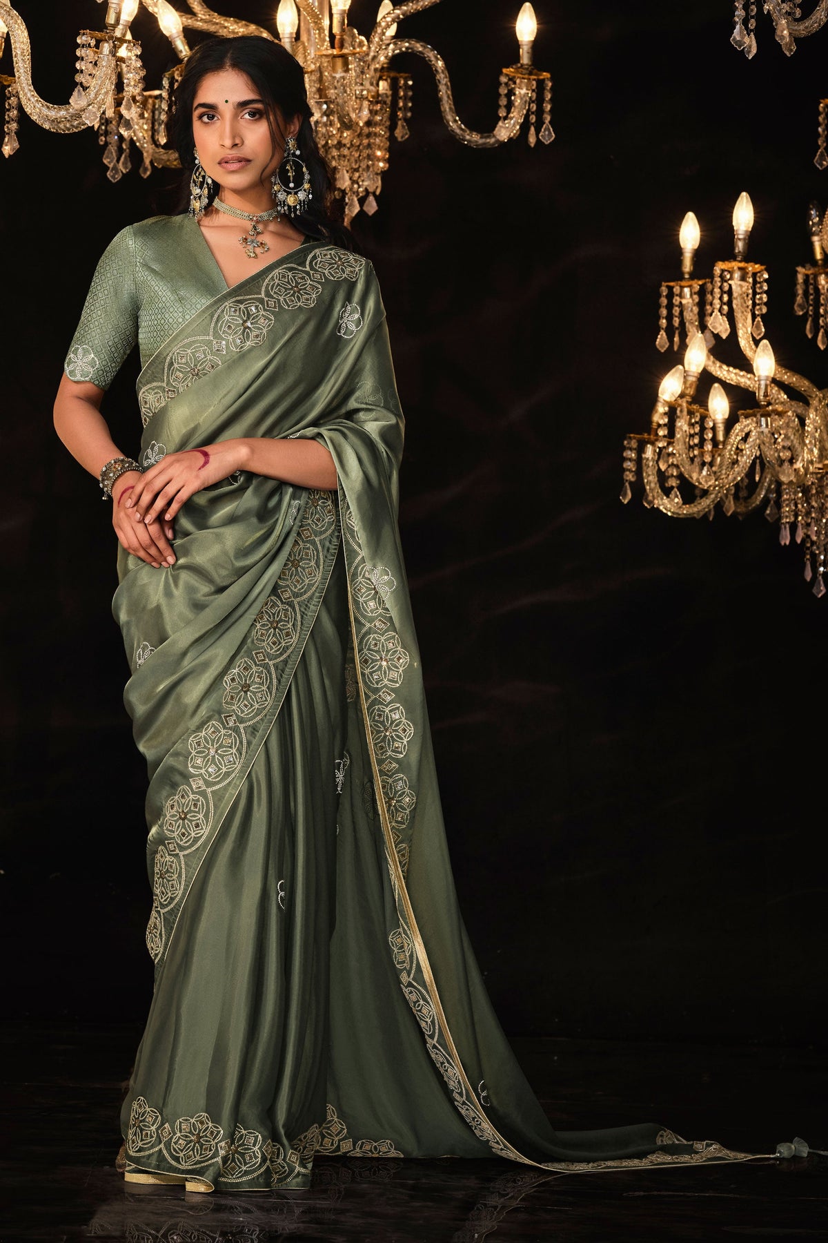 Creative Embroidered Work On Olive Color Tissue Fabric Saree