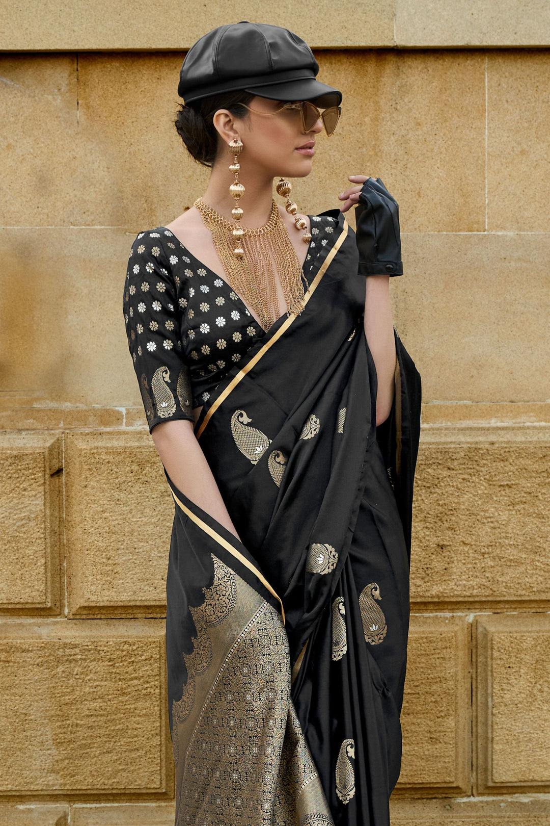 Traditional Black Color Satin Fabric Saree For Function