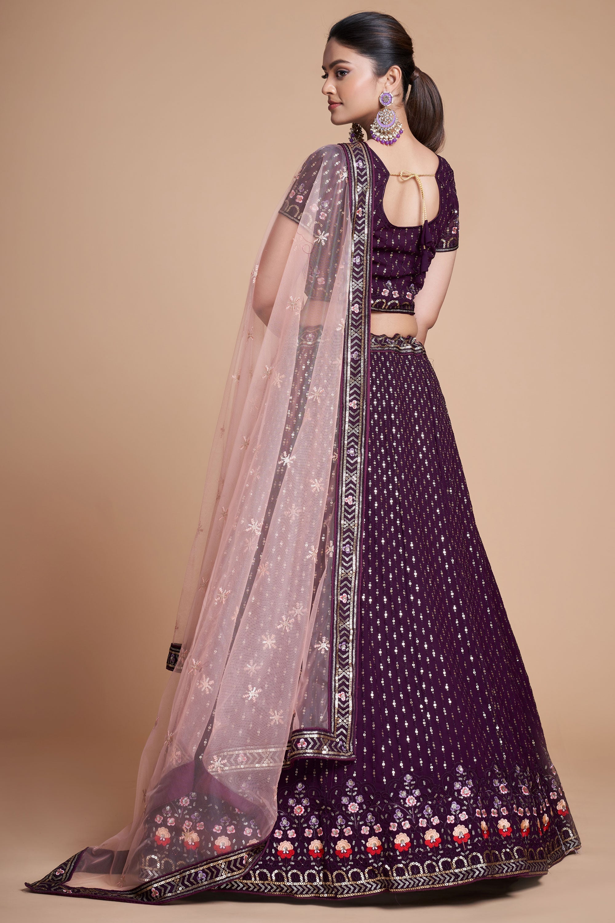 Purple Color Georgette Fabric Sequins Work Lehenga For Sangeet Wear