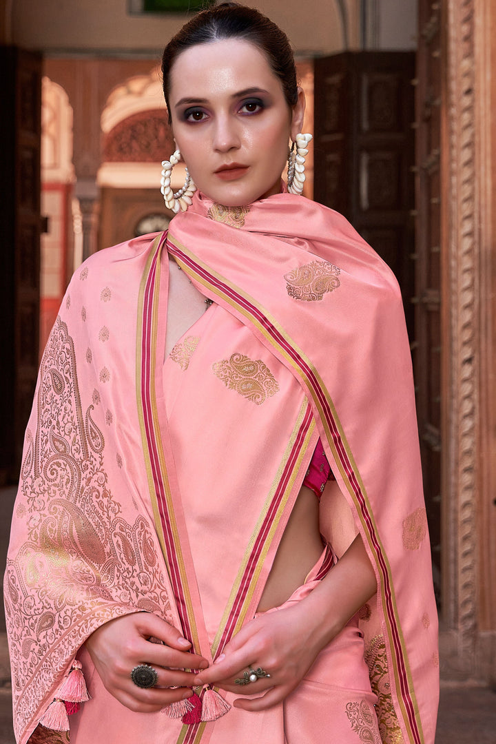 Peach Color Weaving Work Brilliant Satin Silk Saree | Buy Online India