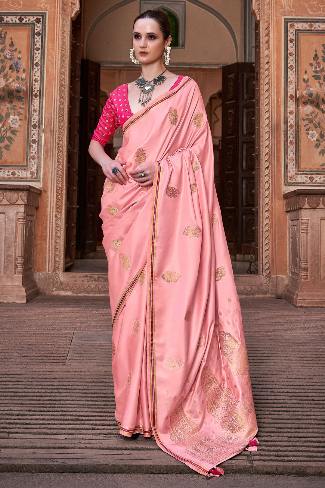 Peach Color Weaving Work Brilliant Satin Silk Saree | Buy Online India