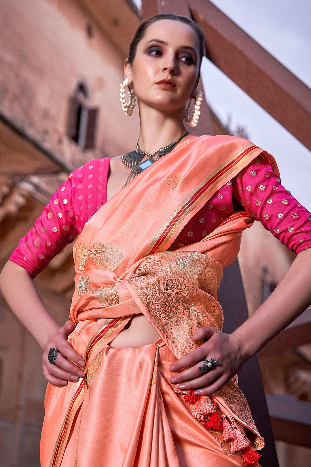 Orange Color Glorious Satin Silk Saree With Weaving Work | Buy Online India