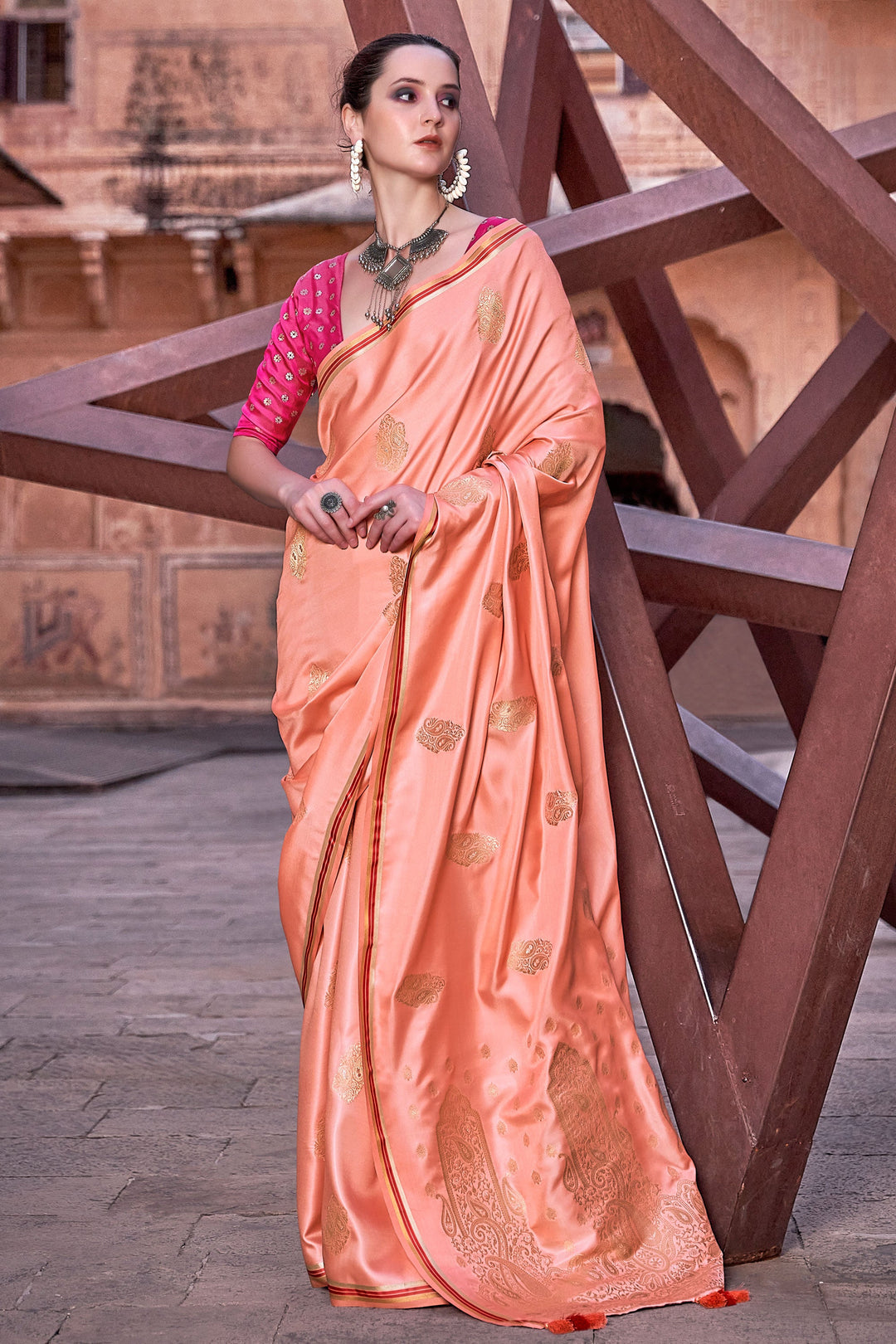 Orange Color Glorious Satin Silk Saree With Weaving Work | Buy Online India