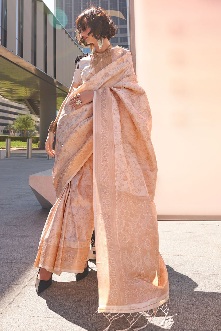 Captivating Cream Color Handloom Weaving Saree | Buy Online India