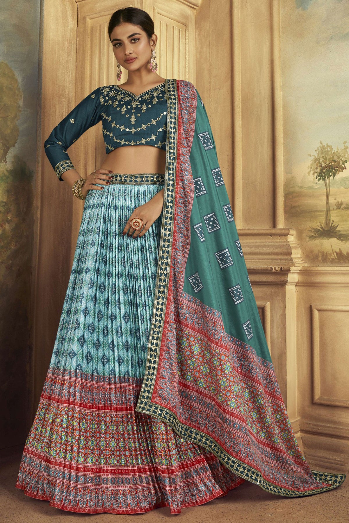 Ingenious Patola Printed Light Cyan Color Gaji Silk Lehenga