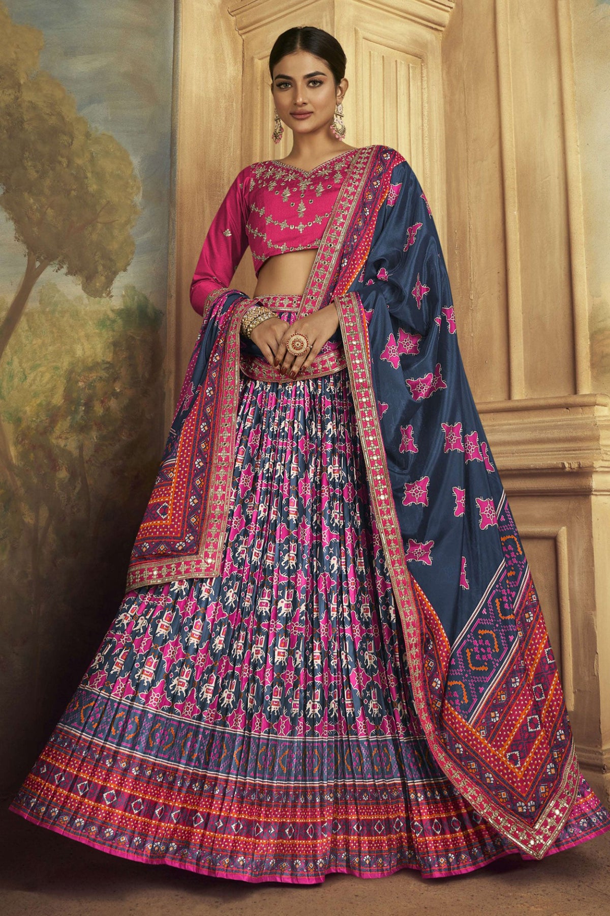 Fashionable Grey Color Patola Printed Gaji Silk Lehenga