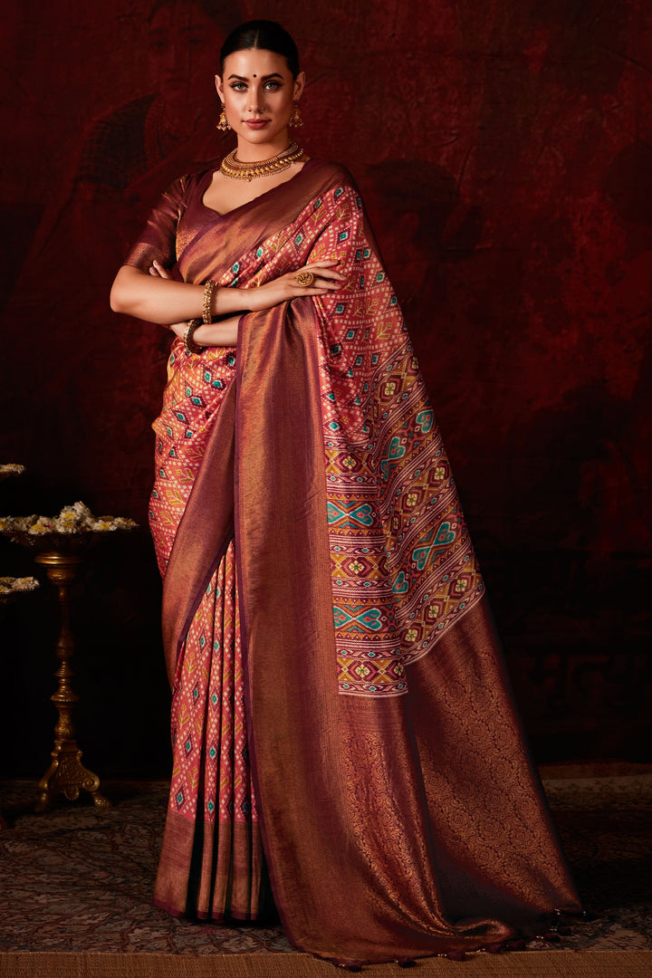 Alluring Rust Color Patola Style Printed Silk Saree | Buy Online India