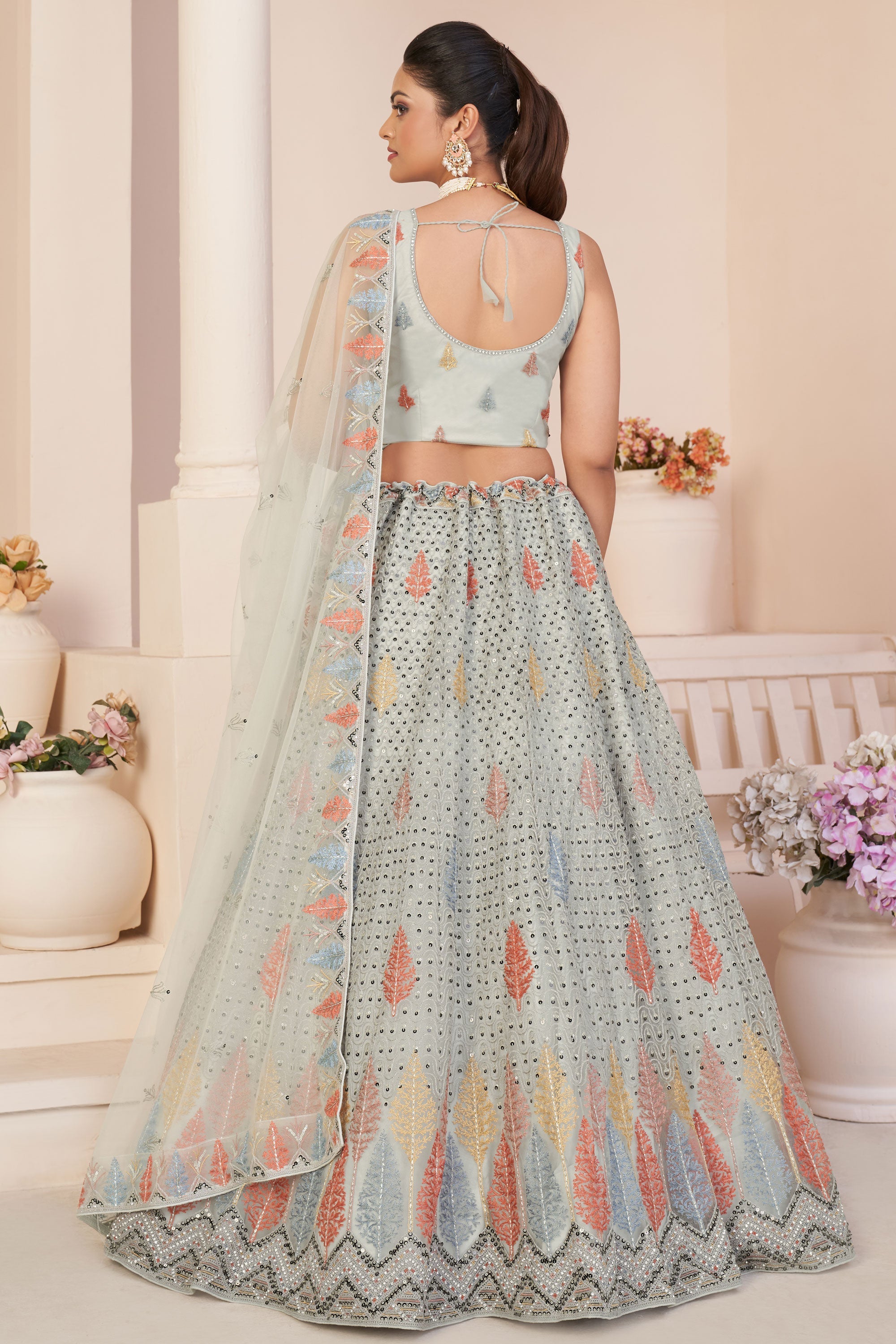 Net Fabric Grey Color Elegant Sequins Work Lehenga