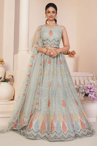 Net Fabric Grey Color Elegant Sequins Work Lehenga