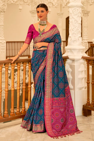 Printed Work Imposing Banarsi Silk Patola Saree In Navy Blue Color