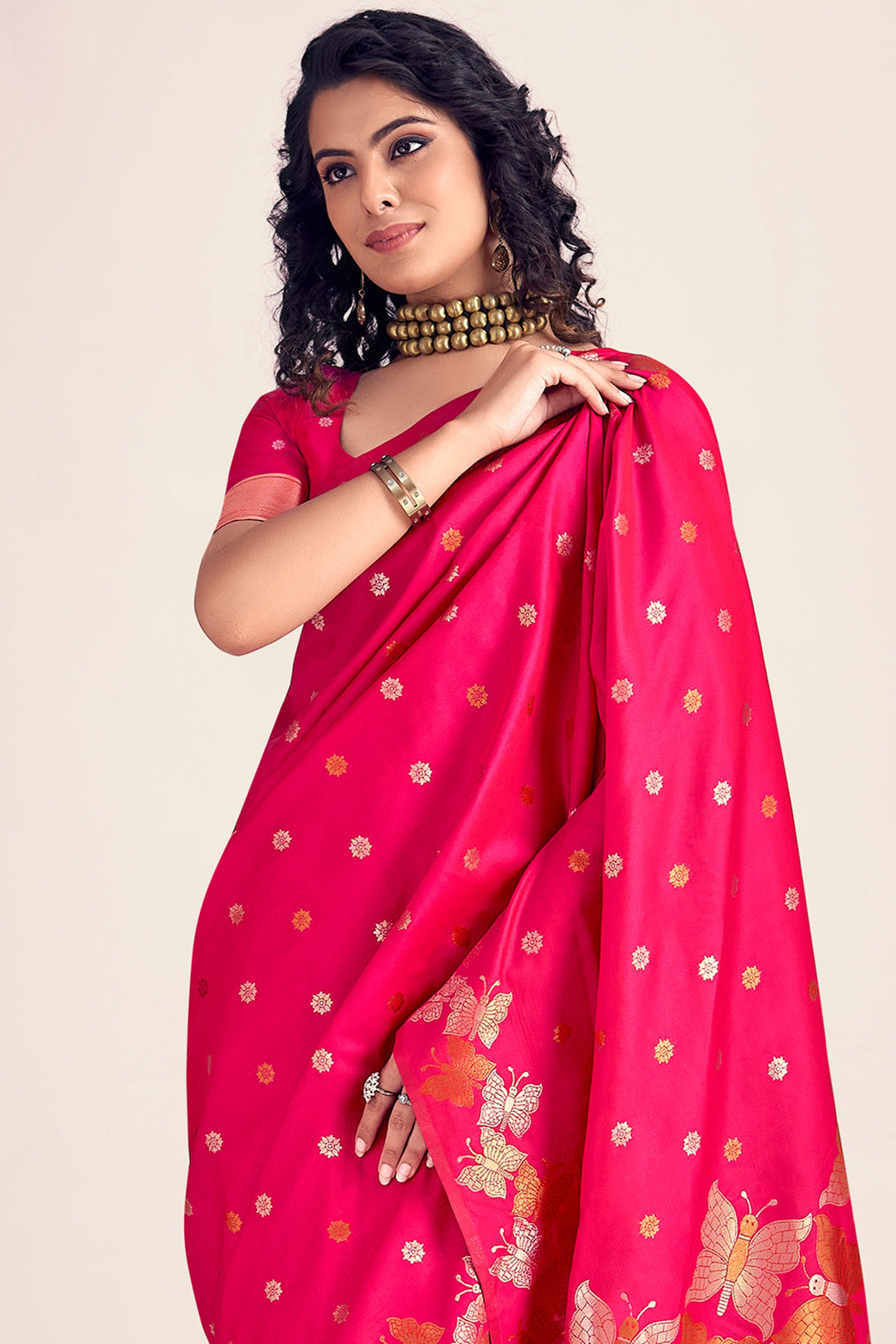 Glamorous Rani Color Printed Banarasi Style Silk Saree | Buy Online India