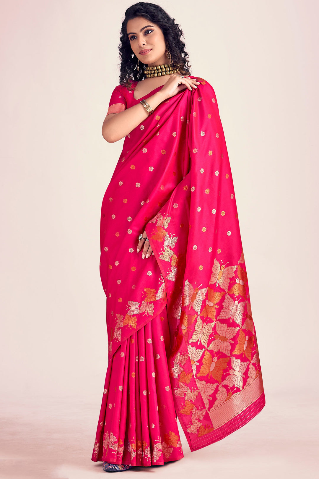 Glamorous Rani Color Printed Banarasi Style Silk Saree | Buy Online India