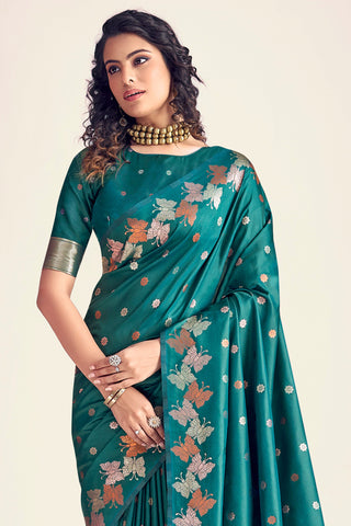 Green Color Gorgeous Printed Banarasi Style Silk Saree