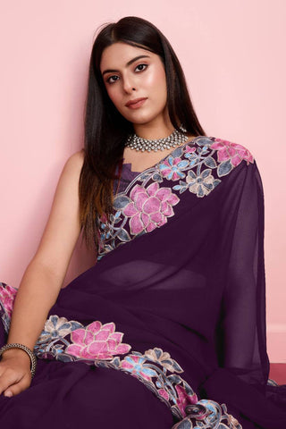 Embroidered Border Work Purple Saree In Georgette Fabric