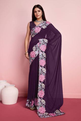 Embroidered Border Work Purple Saree In Georgette Fabric