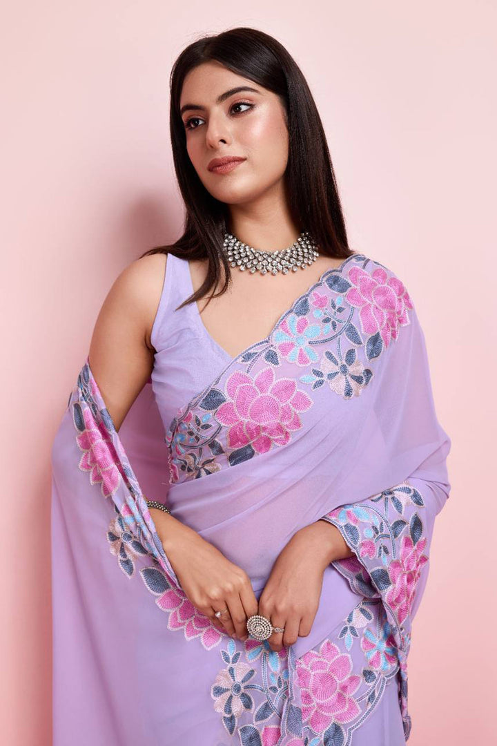 Lavender Embroidery Border Work Georgette Saree With Blouse | Buy Online India