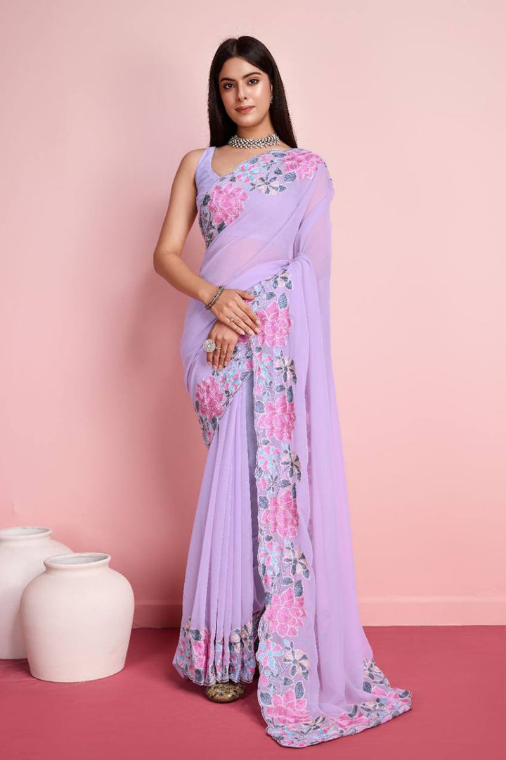 Lavender Embroidery Border Work Georgette Saree With Blouse | Buy Online India