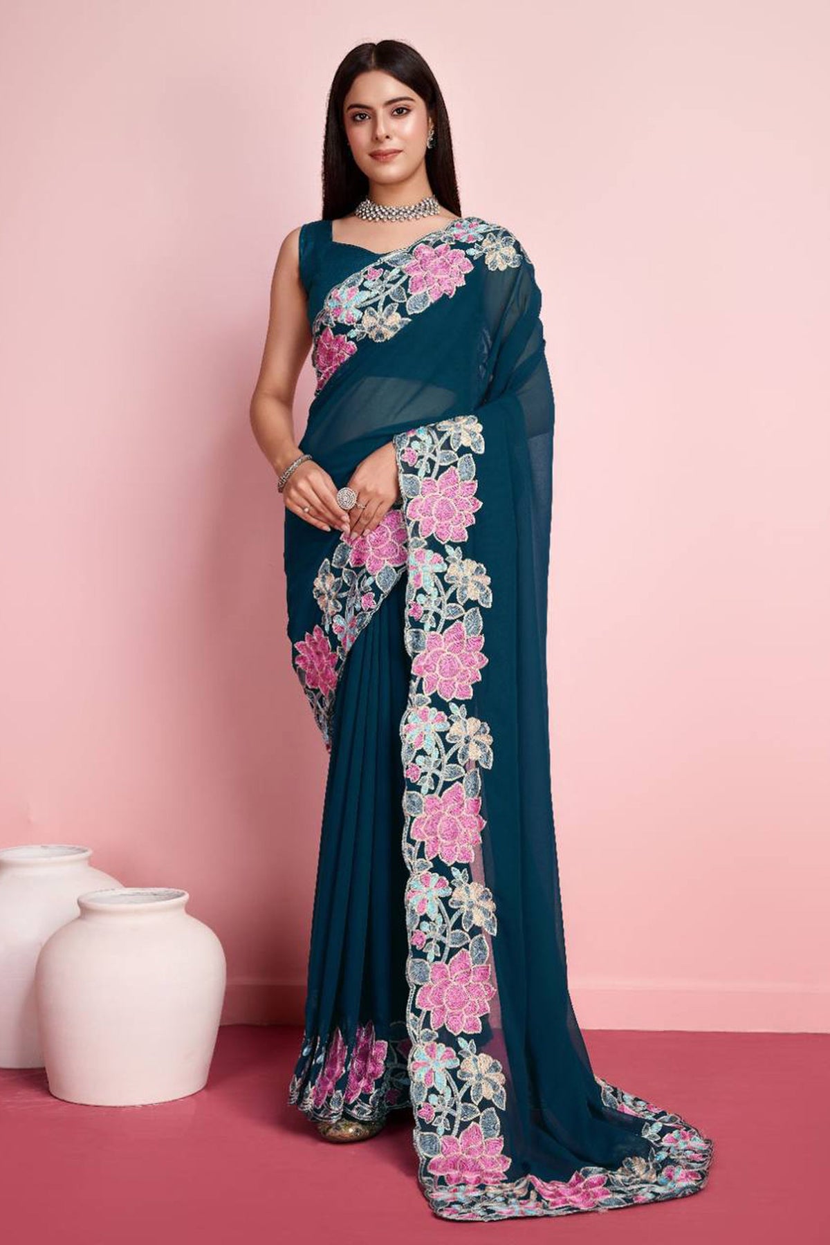 Teal Georgette Embroidery Border Work Saree With Blouse