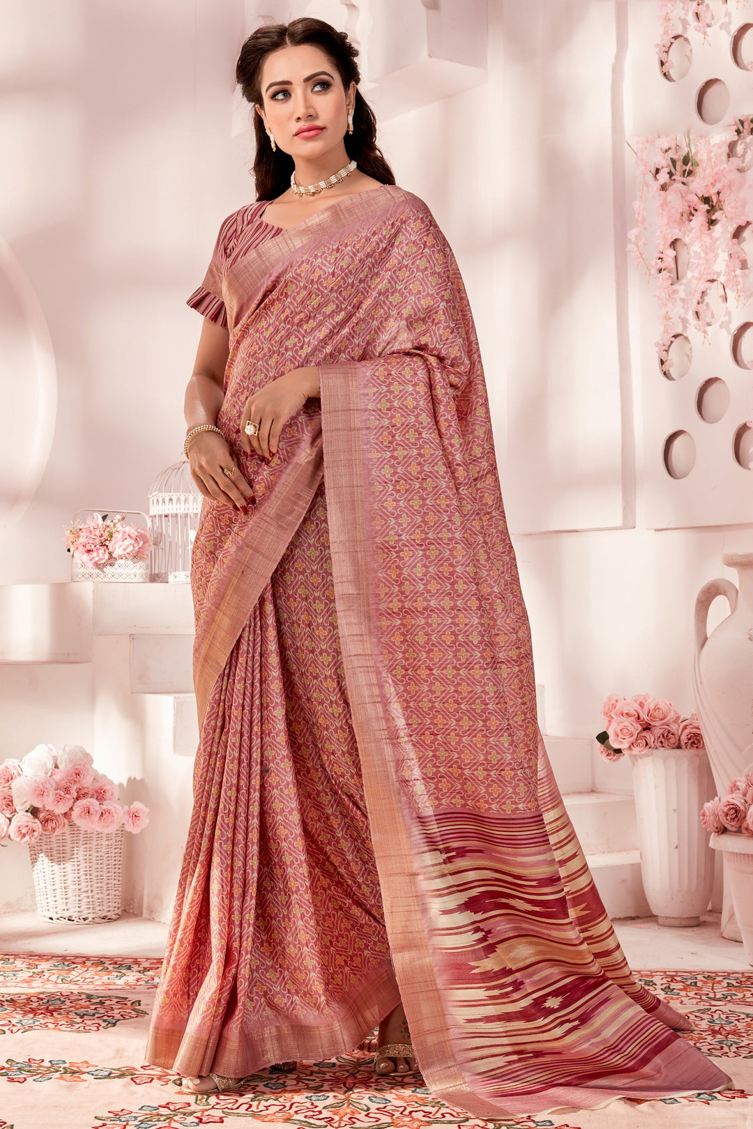 Fancy Fabric Bewitching Handloom Printed Saree In Rust Color | Buy Online India