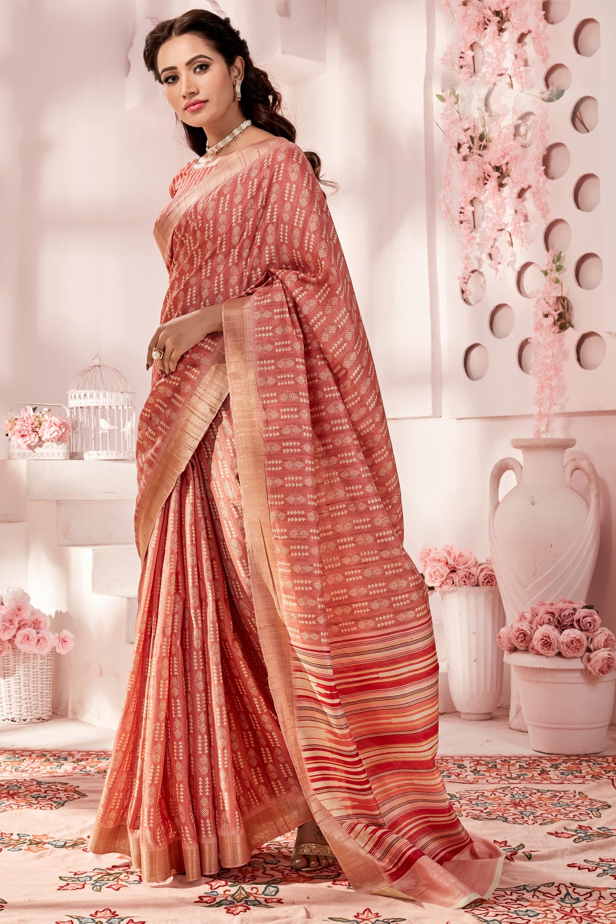 Fancy Fabric Orange Color Riveting Handloom Printed Saree