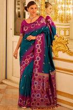 Load image into Gallery viewer, Alluring Weaving Work Teal Color Banarasi Silk Saree
