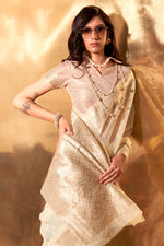 Load image into Gallery viewer, Attractive Cream Color Weaving Work Linen Cotton Saree
