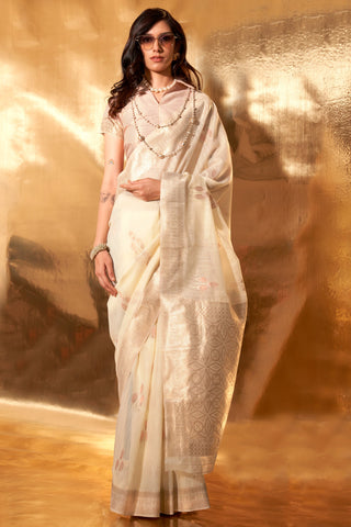 Attractive Cream Color Weaving Work Linen Cotton Saree