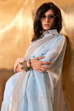 Load image into Gallery viewer, Radiant Sky Blue Color Weaving Work Linen Cotton Saree
