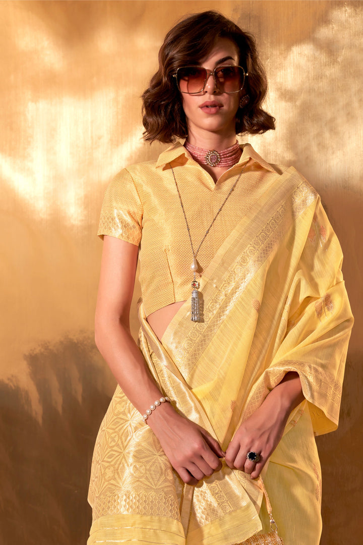 Blazing Yellow Color Weaving Work Linen Cotton Saree